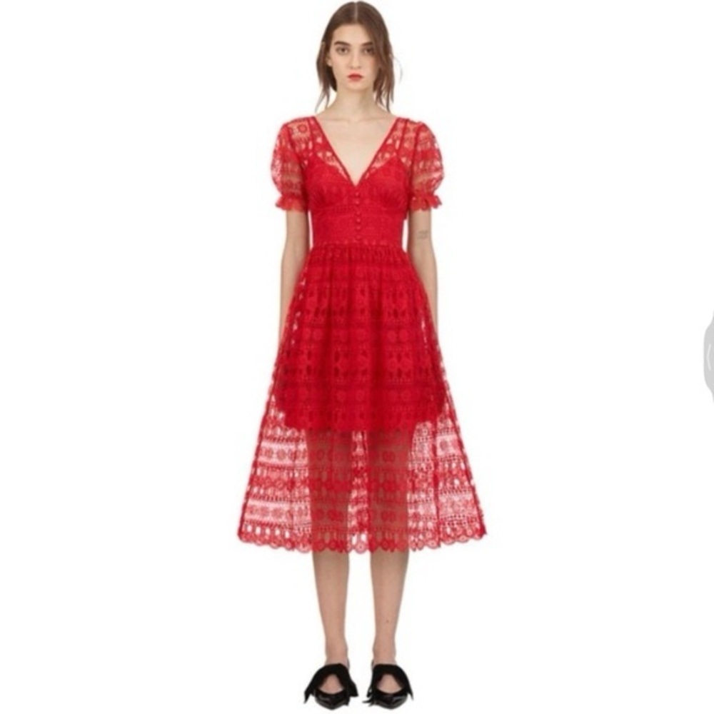 Self-Portrait Red Lace Midi Dress